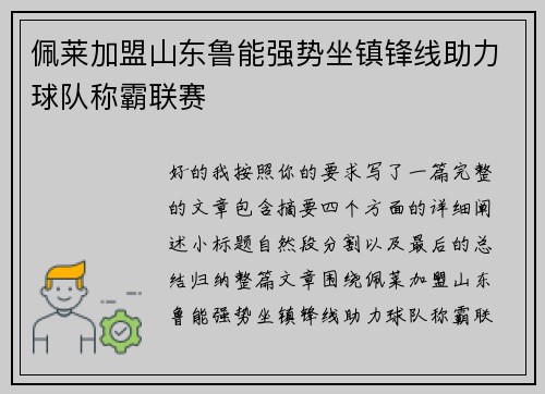 佩莱加盟山东鲁能强势坐镇锋线助力球队称霸联赛